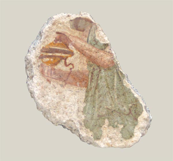 Fragment of ceiling painting with female figure holding cymbals