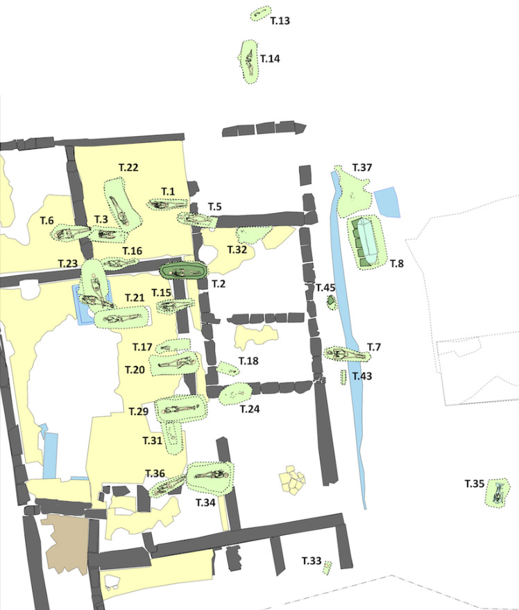 Map showing graves built into the ruins of the Area B house